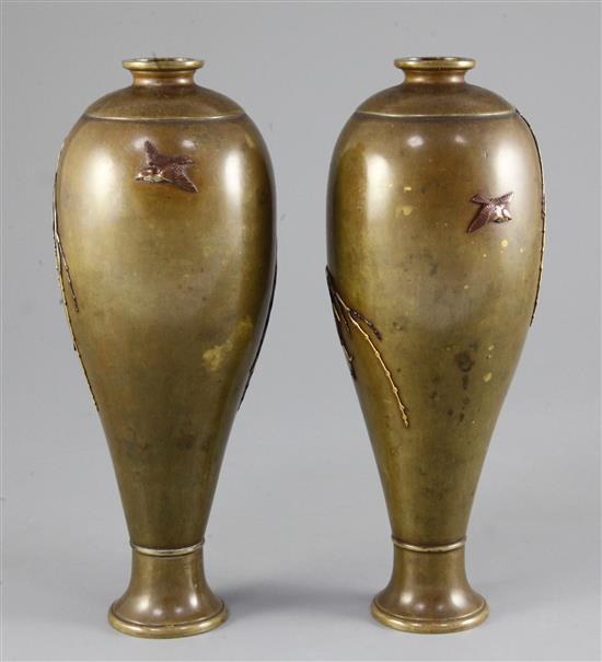 A pair Japanese mixed metal inlaid bronze vases, Meiji period, by Miyabe Atsuyoshi, 21.5cm